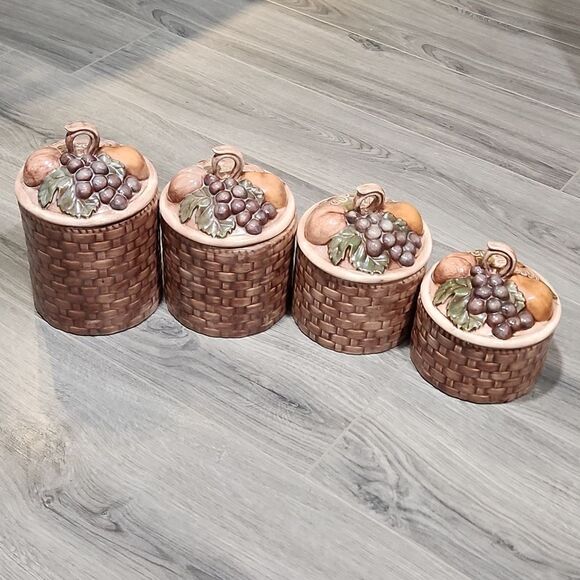 RARE Basketweave w/Fruit Lids Folk Art Vintage 4 Canister Set - Picture 1 of 10